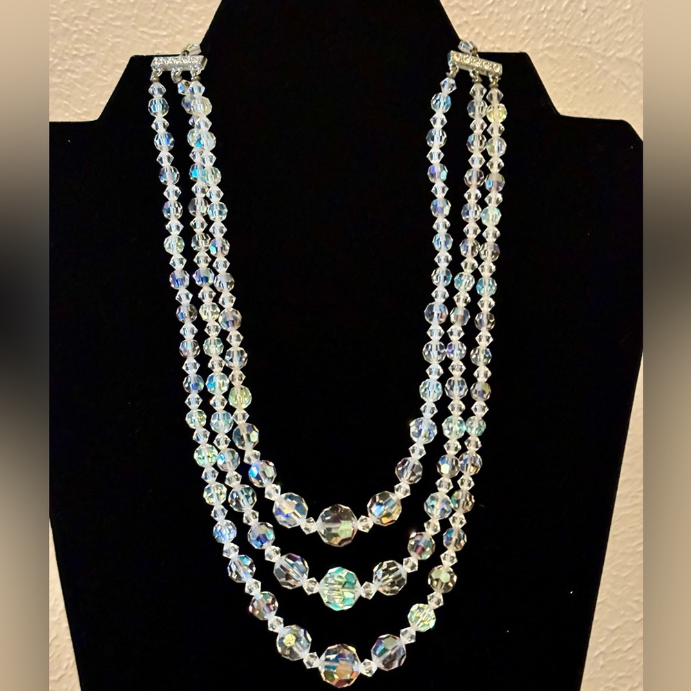 Vintage 3 Strand Aurora Borealis Crystal Necklace